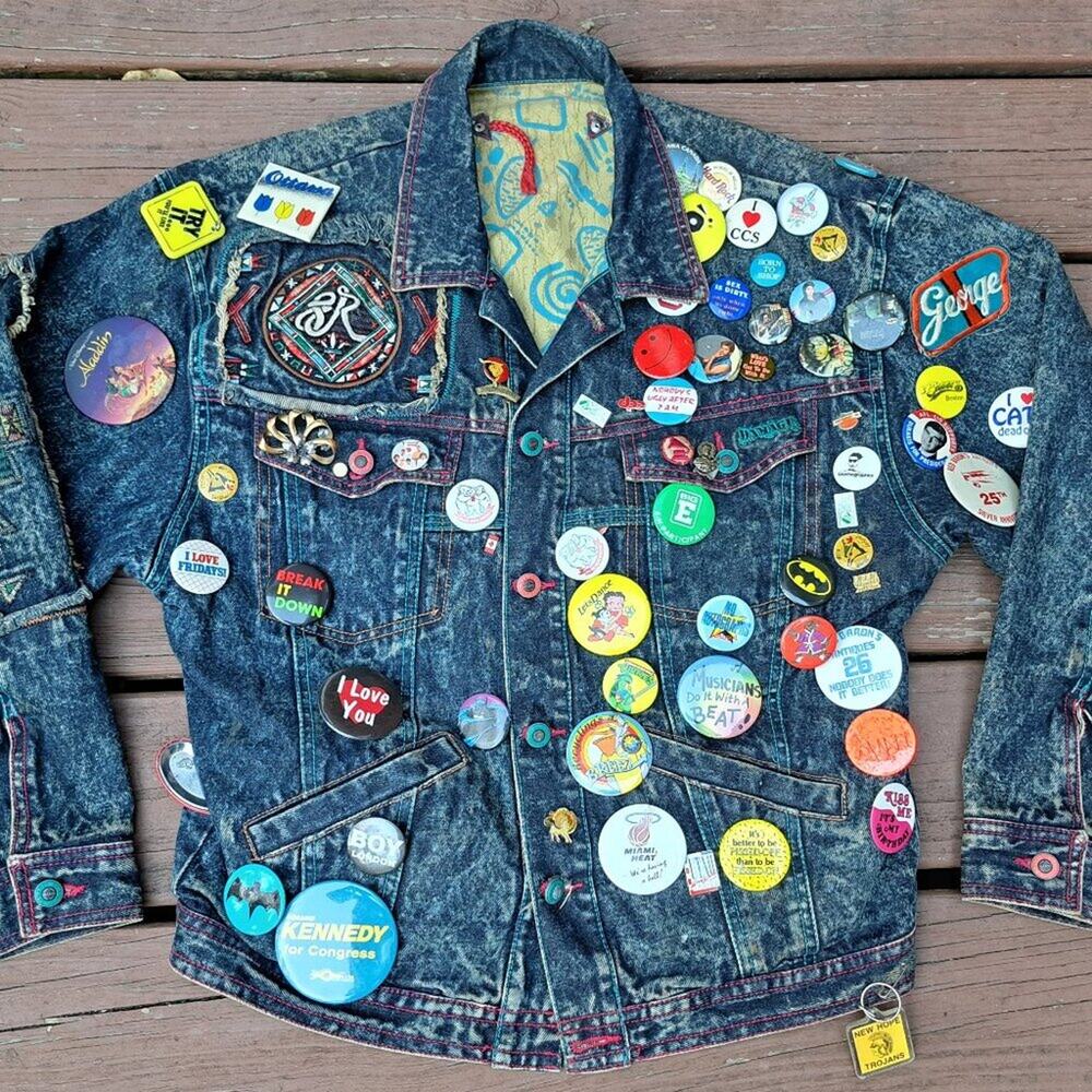 %Vintage Major Damage Jean Jacket Embroidered Buttons Y2K 80s 90s Men Large